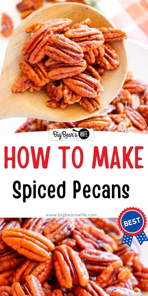 Calling all pecan lovers! Looking for a delicious and nutritious snack? Dive into these fantastic spiced pecans and experience the perfect balance of savory, sweet, and spice. These Spiced Pecans are great for snacking but also perfect for topping salads, muffins or cakes! via @bigbearswife Spice Pecans Recipe, Roasted Pecans Savory, Savory Pecans Recipes, Spiced Pecans Savory, Baked Pecans, Flavored Pecans, Pecan Snacks, Spiced Pecans Recipe, Pecans Recipes