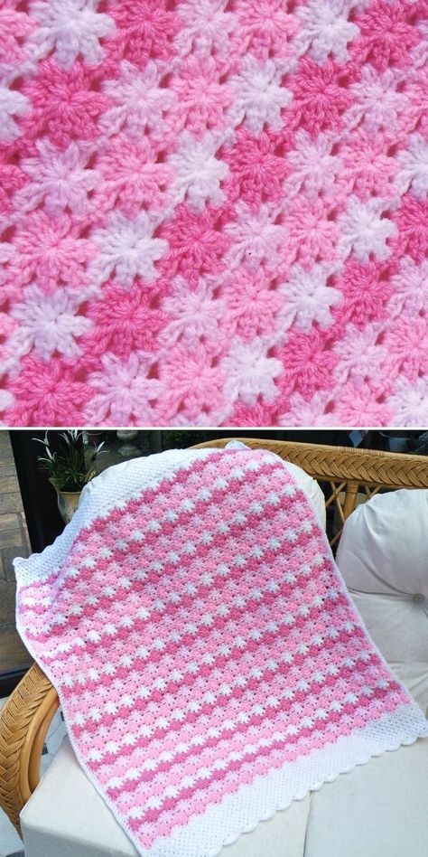 Flower Crochet Stitch Ideas and Inspiration | Crochetpedia Pink And White Granny Square Blanket, Amiguri Patterns, Pink Crochet Blanket, Crochet Pink And White, Crochet Shells, Wedding Crochet, Crochet Flower Blanket, Pink Baby Blanket