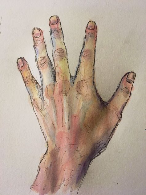 Hand drawing Hand Drawing Watercolor, Hands First Person View Drawing, Realistic Drawings Hands, Hand On Wall Drawing, Hand Rendering Drawing, Extended Hand Drawing, Thumb Nail Sketches, Outstretched Hand Drawing, Hand Art Drawing Paintings