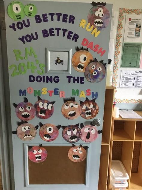 Monster Classroom Door Ideas, Halloween Daycare Door Ideas Preschool, Monster Doors For Halloween, Halloween Door Decorations For Preschool, Monster Mash Door Decoration, Halloween Door Decorations Daycare, Pre K Halloween Door Ideas, Monster Door Decorations Classroom, Monster Classroom Door