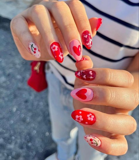 Vday Nails, Red Valentine, February Nails, Cherry Nails, Colorful Nails, Nail Designs Valentines, White Nail, Heart Nails, Fire Nails