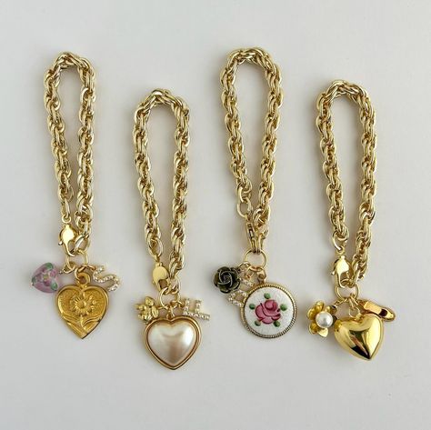 floral statements for spring!🌷i’m in love!!! our new chunky charm bracelets allow you to select any 3 of my favorite vintage & modern charms to make the perfect, shabby chic statement bracelet. shop this sunday! 🐇💐🕊️ Luxury Vintage Charm Statement Jewelry, Vintage Pink Charm Jewelry, Valentine's Day Vintage Charm Necklaces, Gold-tone Vintage Charm Bracelet Gift, Vintage Handmade Charm Bracelet Collectible, Chunky Charm Bracelet, Charm Bar, Bracelet Shop, Necklace Stack