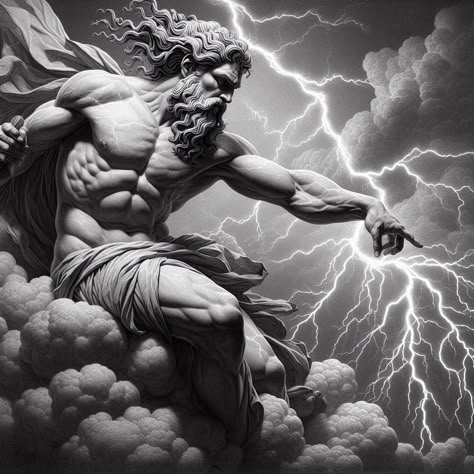 Zeus Statue Tattoo Design, Zeus Reference, Zeus Statue Tattoo, Zeus Lightning Tattoo, Roman God Tattoo, Greek God Drawing, Zues Tattoo Mythology, Greek God Poseidon Art, Zeus Drawing