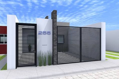 FACHADA DIA: Casas de estilo moderno por Residenza by Diego Bibbiani Home Gate Design, House Fence Design, Modern Fence Design, Modern Front Yard, Brick Fence, Front Gate Design, Entrance Gates Design, Iron Gate Design, Front Yard Fence