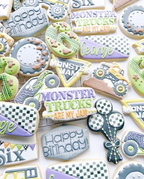 Truck Cookies, Monster Truck Cookies, Monster Jam Birthday, Monster Jam Party, Truck Theme Birthday, Blaze Birthday, Transportation Birthday, Thomas Birthday, Monster Truck Party