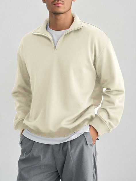 Men's Solid Color Half Zipper Pullover Sweatshirt Beige Casual  Long Sleeve Knitted Fabric Plain Half Placket Non-Stretch  Men Clothing, size features are:Bust: ,Length: ,Sleeve Length: