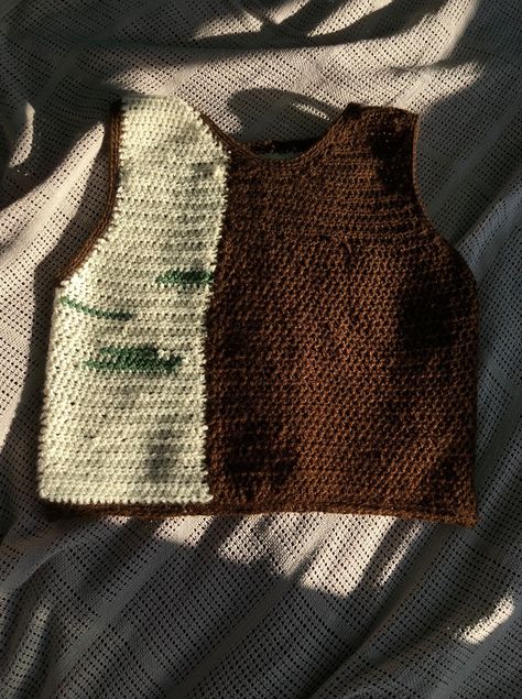 I crochet a patch work brown and beige sweater vest. I used a 7 mm crochet hook and crochet the whole vest with chopsticks. Crochet Patch Work Sweater, Sweater Vest Crochet, Beige Sweater Vest, Cream Sweater Vest, Crochet Sweater Vest, Vest Crochet, Brown Knit Sweater, Brown Vest, Textile Crafts