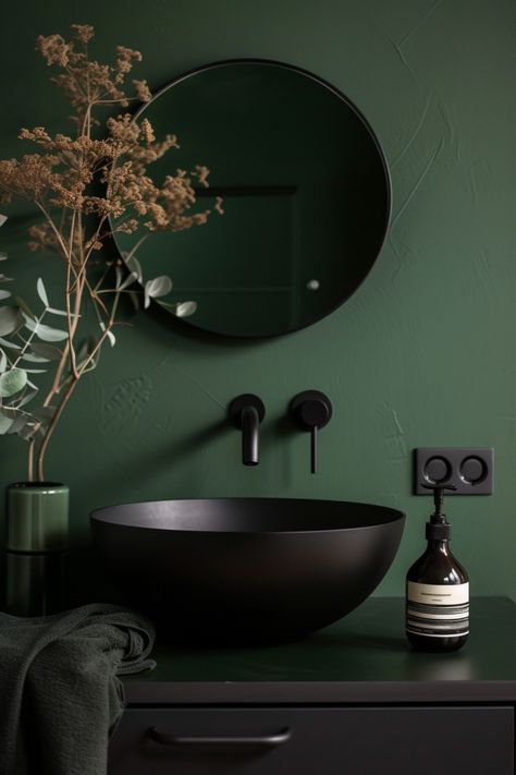 The Best Dark Bathroom Ideas - Home Tips Clubs Dark Green Guest Bathroom, Dark Green Aesthetic Bathroom, Dark Green Cabinets Bathroom, Green Paint For Bathroom, Dark Wall Bathroom, Dark Paint Bathroom, Black And Green Bathroom, Green Restroom, Bathroom Ideas Dark Green