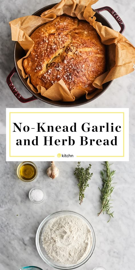 Roasted Garlic and Herb No-Knead Bread Recipe | Kitchn Oven Bread, Knead Bread Recipe, Dutch Oven Bread, Herb Bread, Artisan Bread Recipes, Knead Bread, Dutch Oven Recipes, No Knead Bread, Bread Machine Recipes