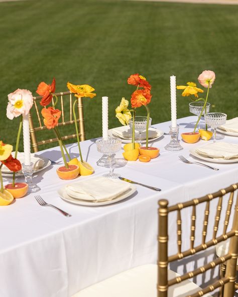 When @annapaulinephotography @stoddardfloralandco and I were designing this bridesmaids tablescape, we stumbled upon a floral design that had florals organically growing out of sunset colored fruit. The poppies were Anna’s favorite of the day and boy did they turn out incredibly beautiful! Do you like poppies in floral design? 😍 Photographer: @_ameysphotography Creative Director: @annapaulinephotography Planner: @bashboulevard Venue: @theantillamansion Florist: @stoddardfloralandco Hair... Orange Floral Tablescape, Summer Wedding Color Palette Bright, Tropical Florals Wedding, Colored Tablecloths Wedding, Poppy Themed Party, Sunset Flowers Wedding, Colorful Wedding Tablescape, Sunset Wedding Flowers, Primary Color Wedding