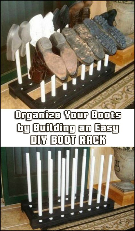 Keep your entry organized, and your floor free from dirty boots with this easy, inexpensive DIY boot rack! Need one? Boot Holder Diy, Boot Storage Diy, Diy Boot Rack, Boot Rooms, Shoe Organization Diy, Entry Organization, Boot Holder, Bike Rack Garage, Diy Rack