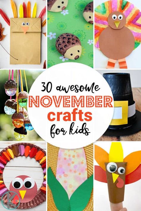 30 November Crafts fro Kids- so many fun, creative, and unique turkey crafts, fall crafts, pilgrim crafts, hedgehog crafts, and more november themes for kids of all.ages. #craftsforkids #november #preschool #kindergarten #kindergartenworksheetsandgames November Crafts For Kids, November Preschool Themes, Hedgehog Crafts, November Themes, November Preschool, Pilgrim Crafts, First Grade Crafts, Fun Thanksgiving Crafts, Thanksgiving Crafts Preschool