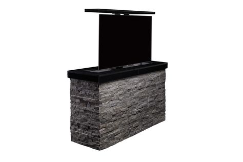 Outdoor TV Lift Cabinet. A stylish, best in class furniture construction Stacked stone ledge stone piece TV cabinet. Outdoor Tv Unit, Diy Tv Lift Cabinet, Outdoor Hidden Tv, Backyard Tv, Outdoor Tv Stand, Furniture Island, Hidden Tv Cabinet, Patio Tv, Tv Stand Plans