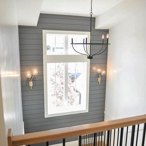 love the big window in the staircase and shiplap with lighting Millhaven Homes, Enjoy The Weekend, Apartment Decoration, Up House, Farmhouse Lighting, House Inspo, Home Fashion, First Home, House Inspiration