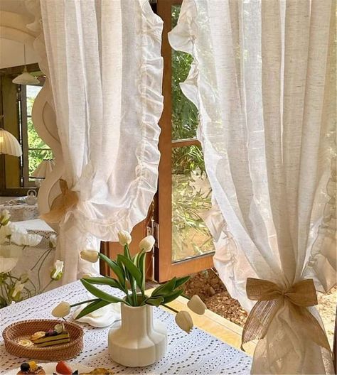 Linen Coquette Gauze Curtain Coquette Curtains, Olive Room, Dusty Pink Curtains, White Curtains Living Room, Cottage Curtains, Ruffle Curtains, French Curtains, Shabby Chic Curtains, Linen Gauze