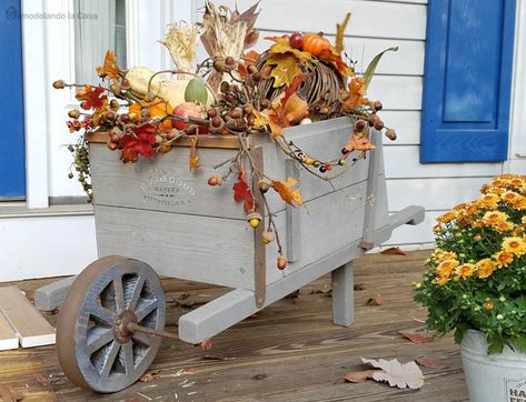 Wagon Decor, Rustic Wheelbarrows, Porch Decoration Ideas, Wooden Wheelbarrow, Mums In Pumpkins, Outside Fall Decor, Wooden Wagon, Halloween Front Porch, Fall Decorations Porch