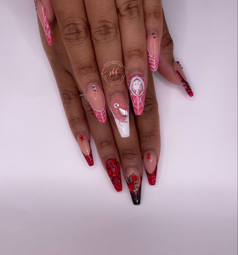 Spider man emma abd mikes morales inspired nails Braids Miles Morales, Spider Man Nails Miles, Miles Morales Acrylic Nails, Miles Morales Eye Makeup, Miles Morales Leap Of Faith Tattoo, Jade Nails, Miles Morales, Beauty Bar, Spider Verse