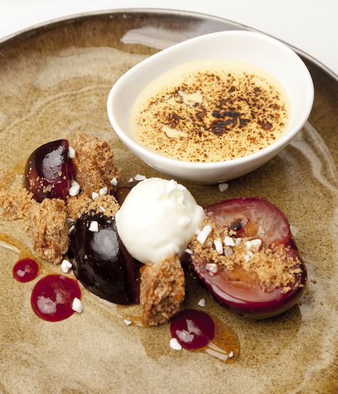 Nigel Mendham's evocative dessert revels in the mellow flavours of autumn, featuring plums, an inventive Meantime Porter sabayon, ginger crumble and yoghurt sorbet. Most of the elements in this plums with sabayon recipe can be prepared ahead of time. Sabayon Recipe, Plum Dessert, Plum Crumble, Great British Chefs, White Balsamic Vinegar, Beer Recipes, Plated Desserts, Baking Tins, Great British