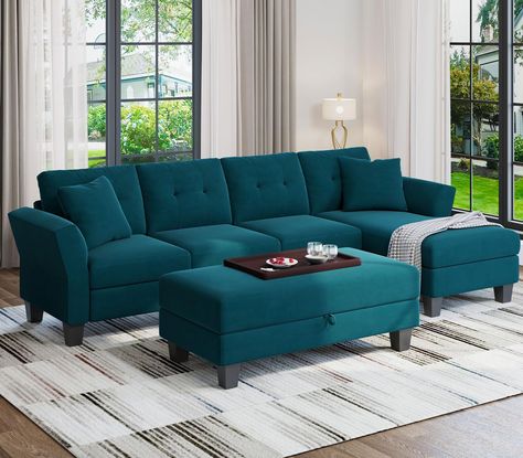 Teal Sofa Living Room, Sectional Sofa Living Room, L Shaped Sofa Designs, Large Storage Ottoman, Chaise Sectional Sofa, Affordable Sofa, Couch With Ottoman, Large Ottoman, Sectional Sofas Living Room