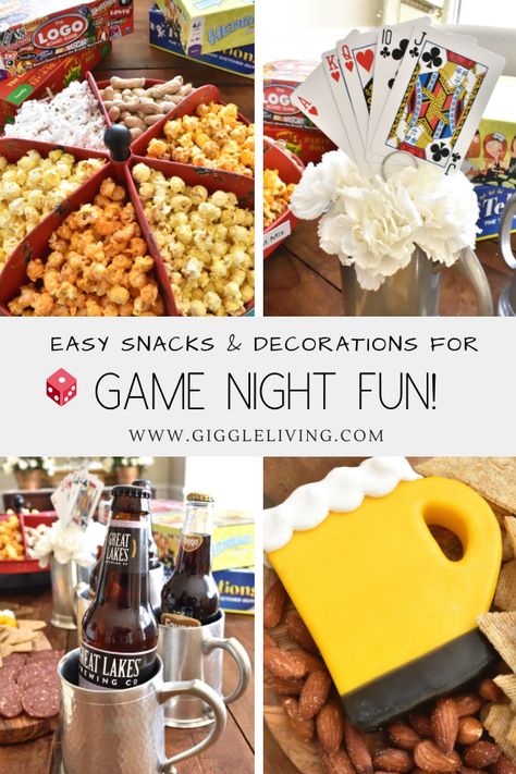 Game day snack and decoration ideas!  Fun for any game inspired party or night in with family or friends! See the easy ideas! #gamenight #partyideas Family Game Night Food, Game Night Decorations, Game Night Snacks, Game Night Food, Ski Weekend, Couples Game Night, Simple Snacks, Lab Ideas, Game Night Parties