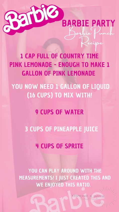 Recipe for a Pink Lemonade Punch for a Pink party or Barbie Party. Countrytime lemonade. Non alcoholic recipe. Barbie Birthday Party Drinks, Barbie Party Activities For Adults, Barbie Movie Viewing Party, Alcholic Drink Aesthetic Pink, Barbie Punch Alcohol, Mocktails Girly, Malibu Barbie Cocktail, Barbie Themed Alcoholic Drinks, Barbie Party Drinks