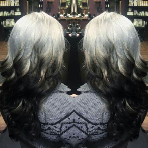 Silver reversed ombre= perfect winter look! Silver To Black Ombre Hair Reverse, Black And White Hair Color Ideas, Black And Grey Ombre Hair, White Hair With Black Tips, Reversed Ombre, Reverse Ombre Hair, Aesthetic Peach, Silver Ombre Hair, Reverse Ombre