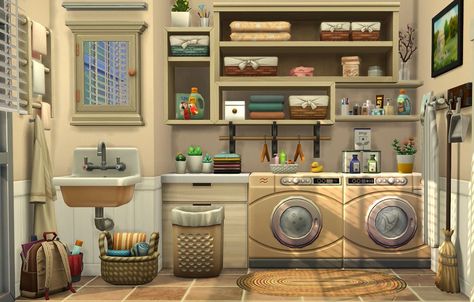 Sims 4 House With Basement, Sims Mudroom, Sims 4 Cottage Living House Interior, Sims 4 Utility Room, Sims Interior Design, The Sims 4 Basement Ideas, Sims4 Houses Ideas, The Sims 4 Room Ideas, Sims 4 Basegame Bedroom