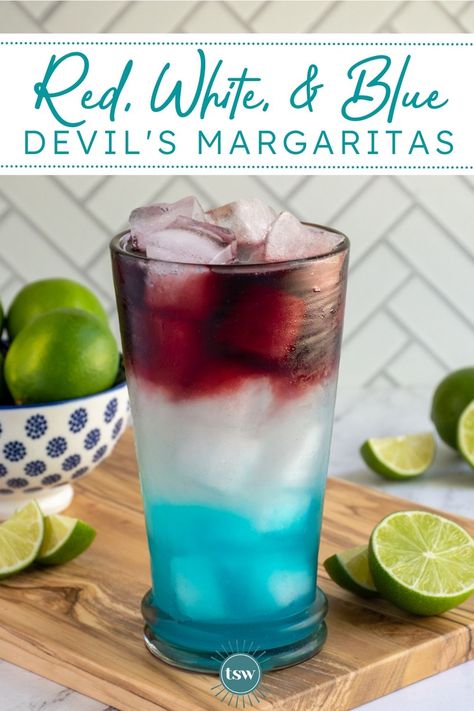 Red, White & Blue Devil’s Margaritas Red White Blue Cocktail, Red White Blue Drink, Blue Margaritas, Blue Alcoholic Drinks, Blue Margarita Recipe, Fruity Drink Recipes, Blue Tequila, Red White Blue Decor, Drinks Restaurant