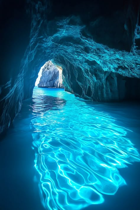 Immerse yourself in the stunning crystal-blue waters of the Grotta Azzurra in Capri, where sunlight filters through the cave’s entrance, creating a dazzling electric blue glow. This mesmerizing light reflects off the walls and dances on the surface of the water, capturing the ethereal beauty of this hidden wonder. A must-see for any traveler to Italy, the Grotta Azzurra offers a magical escape into nature’s artistry. Perfect for those who appreciate breathtaking landscapes and unique destinations, this image invites you to explore the enchanting allure of Capri, a true Italian paradise. Electric Blue Aesthetic, Magical Cave, Glowing Ocean, Unique Destinations, Water Vacation, Blue Grotto, Sea Cave, Mermaid Pictures, Crystal Cave