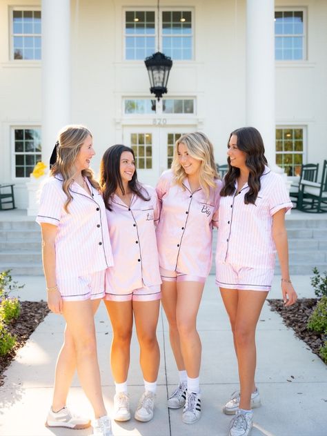 dreaming of the best little big little theme. pink embroidered pajamas for alpha chi omega sorority big little Sorority Sleepover Theme, Pajama Sorority Theme, Sorority Themes, Embroidered Pajamas, Chi Omega Sorority, Theme Pink, Sorority Big Little, Alpha Chi Omega, Alpha Chi