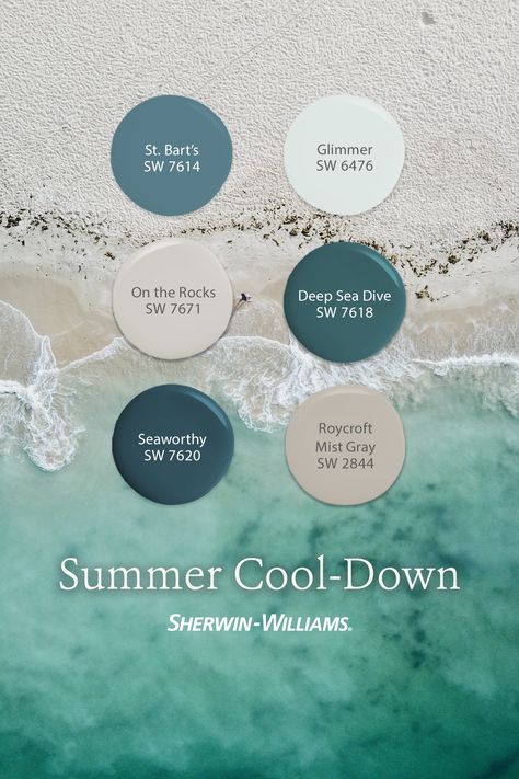 Life's a beach with paint colors from Sherwin-Williams. These ocean-inspired hues will make your living room, bathroom, or bedroom feel as beautiful as a cool, ocean breeze. Tap this pin to order FREE color chips in the mail. #sherwinwilliams #DIY #interiordesign #color #inspiration #paint #decor #homedecor #oceantheme #beachthemed Ocean Paint Palette, Sherwin Williams Oceanside Color Palette, Sw Topsail, Ocean Blue Paint, Bridesmaid Palette, Retirement Cottage, Ocean Color Palette, Coastal Paint Colors, Paint Decor