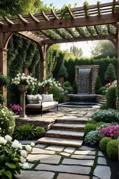 Backyard escape with fountain and reading nook Uneven Backyard Ideas, Hardscaping Ideas, Outdoor Fire Pit Area, Backyard Escape, Outdoor Wall Fountains, Patio Fountain, Yard Remodel, Courtyard Ideas, Garden Nook