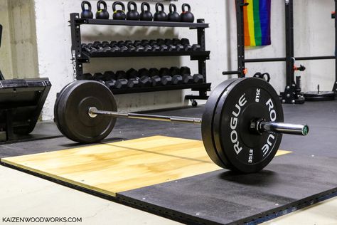 DIY deadlift platform 4' x 8' easy to follow instructions with materials list, you can build this! — KAIZEN DIY GYM Diy Dumbbell Rack, Diy Dumbbell, Deadlift Platform, Espresso Wood Stain, Weightlifting Platform, Table Saw Fence, Lifting Platform, Diy Home Gym, Building A Garage