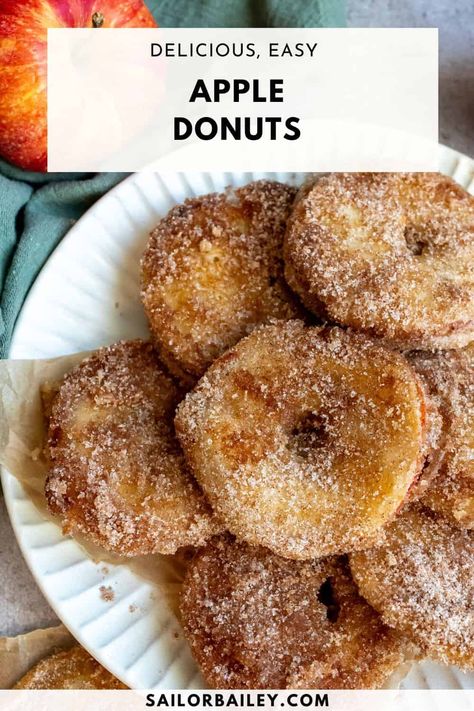 These apple donuts are crunchy and packed with a cinnamon sugar flavor, perfect for a cozy fall breakfast or dessert. via @sailor_bailey Fried Apple Donuts Recipe, Apple Doughnuts Baked, Apple Donuts Healthy, Apple Donuts Baked, Apple Doughnut Recipe, Apple Donuts Recipe, Apple Donut, Healthy Donuts Recipe, Apple Waffles