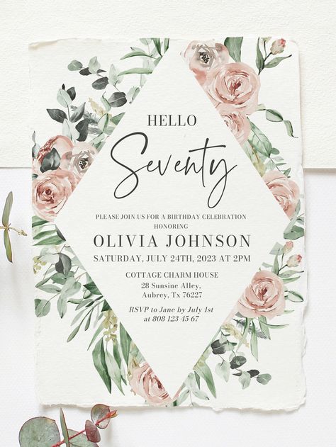 70th Birthday Invitation Template Any Age Birthday Party Invitation Editable Floral Blush Greenery Birthday Invite Women birthday Seventy 1 Birthday Invitation, Moms 70th Birthday, Greenery Birthday, 80th Birthday Party Decorations, Elegant Birthday Invitations, 70th Birthday Decorations, 50th Birthday Invitation, 70th Birthday Invitations, Sweet As A Peach