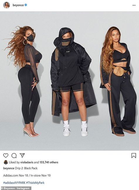 Beyonce looks effortlessly elegant in her new 'Black Pack' Ivy Park ensembles | Daily Mail Online Ivy Park Outfit, Tan Adidas, Ivy Park Beyonce, Adidas Ivy Park, Park Outfit, Beyonce Outfits, Beyonce Style, Streetwear Inspo, Football Game Outfit