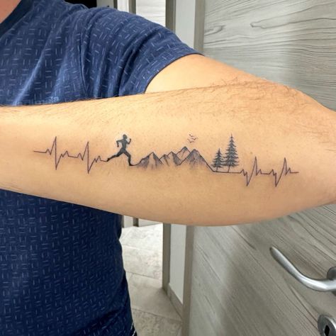 Hiking Related Tattoos, Under Construction Tattoo, Trail Running Tattoo Ideas For Men, Cross Country Tattoo Ideas, Trail Runner Tattoo, Ultra Marathon Tattoo, Tattoo Ideas For Runners, Cross Country Tattoo, Runner Tattoo Men