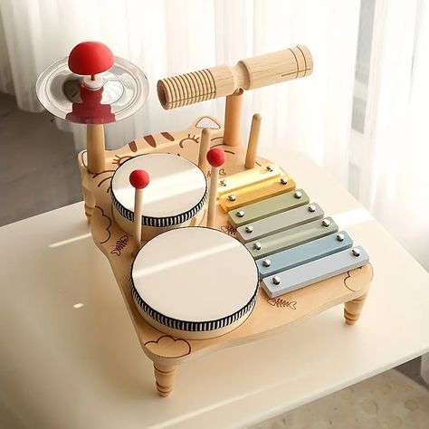 Drum Set Wooden Percussion Montessori Instruments Toy Set - Temu Baby Play Table, Kids Drum Set, Baby Musical Toys, Kids Musical Instruments, Drum Music, Wooden Baby Toys, Orff, Percussion Instruments, Musical Toys