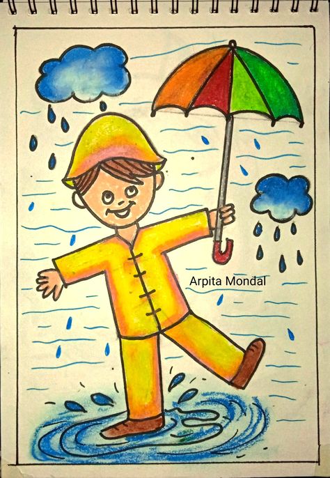 By Arpita Mondal Rainy Day Drawing Easy, Rainy Day Drawing For Kids, Rainy Day Drawing, Basic Drawing For Kids, Drawing Pictures For Kids, Oil Pastel Drawings Easy, Easy Art For Kids, Nature Art Drawings, Drawing Activities