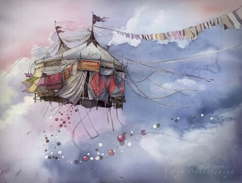 Flying Circus, watercolor Circus Illustration, Surreal Artwork, Joker Art, Abstract Wallpaper, Interesting Art, Artist Inspiration, Colored Pencils, The Sky, Circus