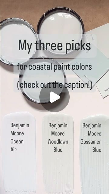 Karolina De Costa on Instagram: "3 Coastal Paint Color Picks

Check out a few of my favorite breezy shades shades.

Benjamin Moore Ocean Air:  This light sea foam shade has a hint of gray to keep it feeling grown up while still being airy and light.  It’s a great choice for small rooms that may not have a lot of natural light.

Benjamin Moore Woodlawn Blue:  A soft blue/gray with a slight hint of green for warmth.  With more depth, this color will stand up well in spaces with a good bit of natural light but won’t feel heavy in smaller rooms.  TIP:  In rooms with more direct natural light this shade will appear more green/blue and in norther rooms it will have a more blue/gray look.

Benjamin Moore Gossamer Blue:  This smokey sea foam is perfect for rooms with a lot natural light or in bedr Sea Foam Benjamin Moore, Ocean Air Benjamin Moore, Benjamin Moore Coastal Colors, Benjamin Moore Ocean Air, Woodlawn Blue Benjamin Moore, Woodlawn Blue, Coastal Paint Colors, Coastal Paint, Gossamer Blue