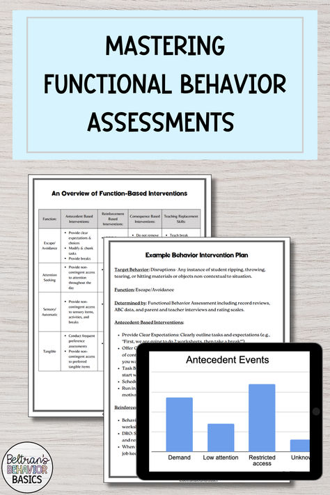 Functional Behavior Assessments (FBAs) are crucial for understanding and addressing challenging behaviors in our students. An FBA is a process used to identify the underlying causes and functions of specific behaviors. By understanding why a behavior occurs, we can develop effective strategies to address and modify it. Functional Behavior Assessments help create personalized behavior intervention plans that improve student outcomes, and support positive behavioral change. Behavior Self Assessment For Students, Preference Assessment Aba, Antecedent Interventions Aba, Functions Of Behavior Aba, Functional Behavior Assessment, Applied Behavior Analysis Training, Behavior Intervention Plan, Teacher Interviews, Behavior Plans