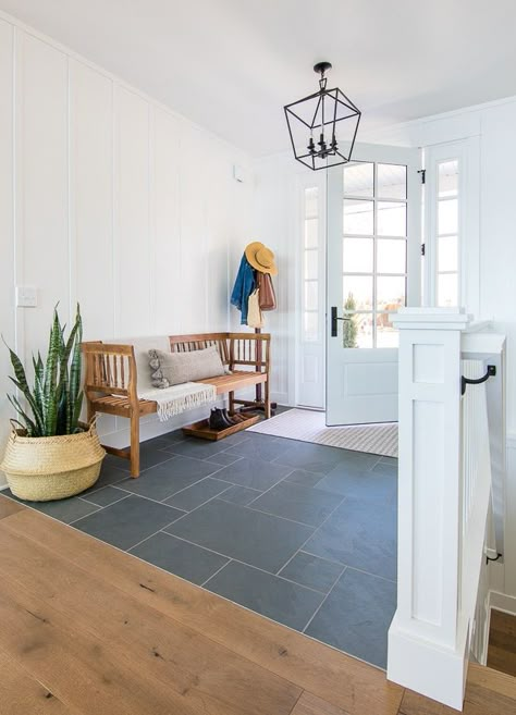 lake house entryway slate floors white board and batten and light wood entry bench Slate Foyer, White Board And Batten, Foyer Floor, House Entryway, Slate Floors, House Additions, Entryway Tile, Slate Tile Floor, Foyer Flooring