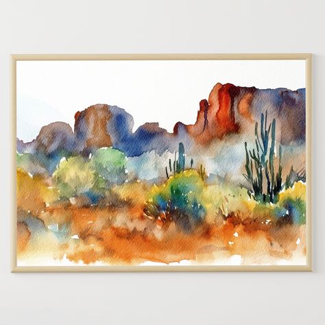 Arizona Desert Watercolor Painting Saguaro Art Print Desert Landscape Cacti Artwork Arizona desert watercolor poster, high quality giclee print. WITHOUT FRAME - Giclee print on acid-free archival paper - Printed from my original painting - 5x7 inches - 8x10 inches - 11x14 inches - 12x16 inches - 12x18 inches - 16x20 inches - 18x24 inches - 20x30 inches - 24x36 inches Please note that the colors may vary slightly due to different screens! To sell my paintings as reproduction, I chose a printing c Abstract Arizona Painting, Cactus Desert Watercolor Painting, Watercolour Desert Landscape, Watercolor Desert Landscape Tutorial, Arizona Landscape Paintings, Desert Landscaping Painting, Desert Watercolor Simple, Desert Watercolor Paintings, Watercolor Cactus Paintings