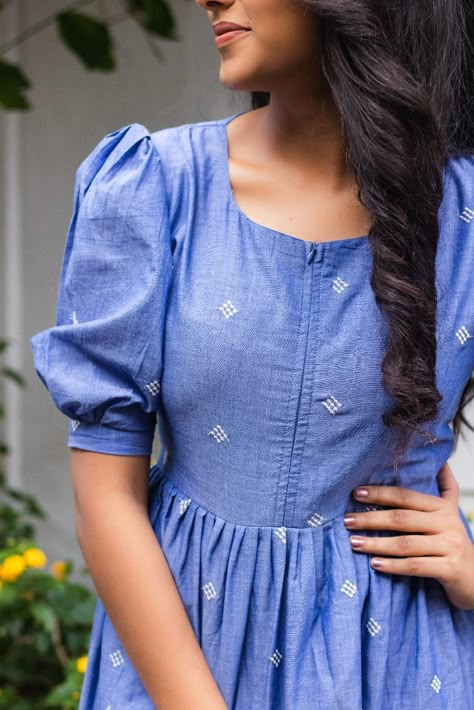 Rs.2400
Denim feel cotton dress with puffed sleeve. 

Model in the picture is wearing size S and length of the dress is 46 inches. Feeding Dresses Indian Style, Maternity Feeding Dress Pattern, Feeding Kurta Designs, Kurthis Models For Stitching Cotton, Maternity Cotton Dress, Feeding Tops Ideas, Cotton Dress Models For Stitching, Sleeves Design For Frocks, Feeding Dresses Indian