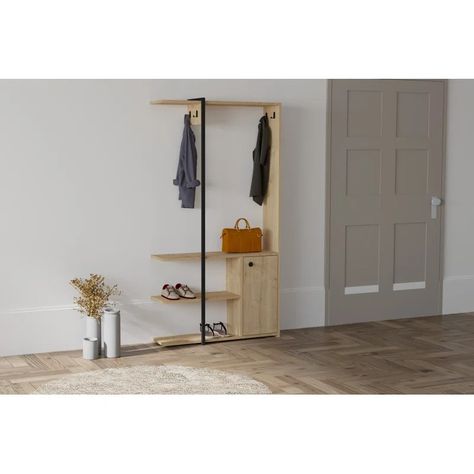 East Urban Home Hall Tree with Shoe Storage - Wayfair Canada Shoe Storage Wood, Tiny Entryway, Industrial Hall, Hall Stand, Entryway Storage, Hall Tree, Bottom Shelf, Room Organization, Wood Metal