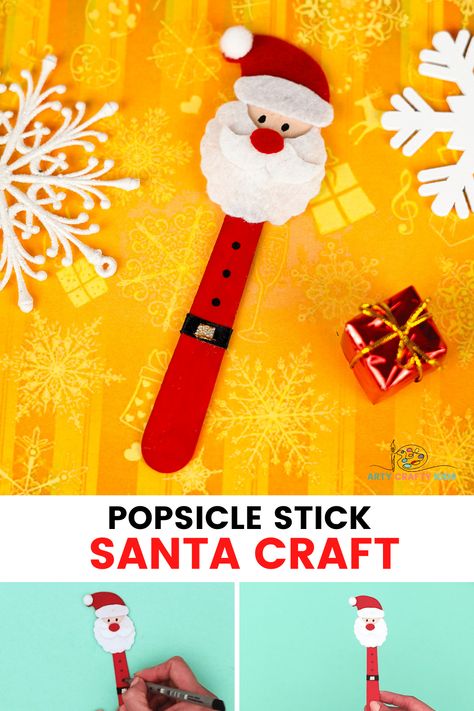 Popsicle Stick Reindeer Ornament, Popsicle Reindeer Ornament, Popsicle Stick Santa Ornament, Paddle Pop Stick Christmas Craft, Santa Puppet, Popsicle Stick Sled Ornament, Craft Paper Design, Santa Craft, Wooden Spoon Crafts