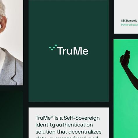 Logo, branding & Design Inspo on Instagram: "@mubienbrands TruMe is a Self-Sovereign Identity authentication solution that decentralizes data, prevents fraud, and simplifies digital access. Individuals can take control of their identity and no longer have to rely on centralized authorities to verify their identity and attributes. TruMe eliminates the need for passwords, providing users with an exceptional user experience. We distilled TruMe's essence into a distinctive symbol, embodying the decentralization of data through separated blocks, simplified facial biometric recognition, and identity verification represented by the universal checkmark. Our design system strategically utilizes these symbolic elements to construct a grid, leveraging blur to selectively reveal information, align Data Branding Design, Data Branding, Checkmark Logo, Green Brand Identity, Research Logo, Logo System, Green Moodboard, Security Design, Data Logo