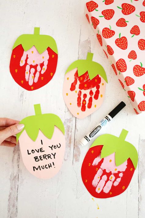 Strawberry Handprint Craft – Easy Homemade Card Handprint Strawberry Craft, Strawberry Toddler Craft, Preschool Strawberry Craft, Strawberry Footprint Craft, Strawberry Valentines Ideas, Handprint Strawberry, Strawberry Crafts Preschool, Cactus Handprint Art, Strawberry Activities