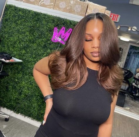 Chestnut Hair On Black Women, Chocolate Highlights On Dark Hair Black Women, Blowout Hairstyles Black Women Long Hair, Brunette Hair On Black Women, Brown Leave Out Sew In, Dark Brown On Black Women, Dark Brown Quick Weave, Dark Brown Natural Hair Black Women, Dark Brown Weave